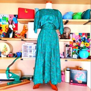 VNTG 80s ACT I Secretary Dress Blouson Emerald Green Gorgeous & Lightweight 7/8
